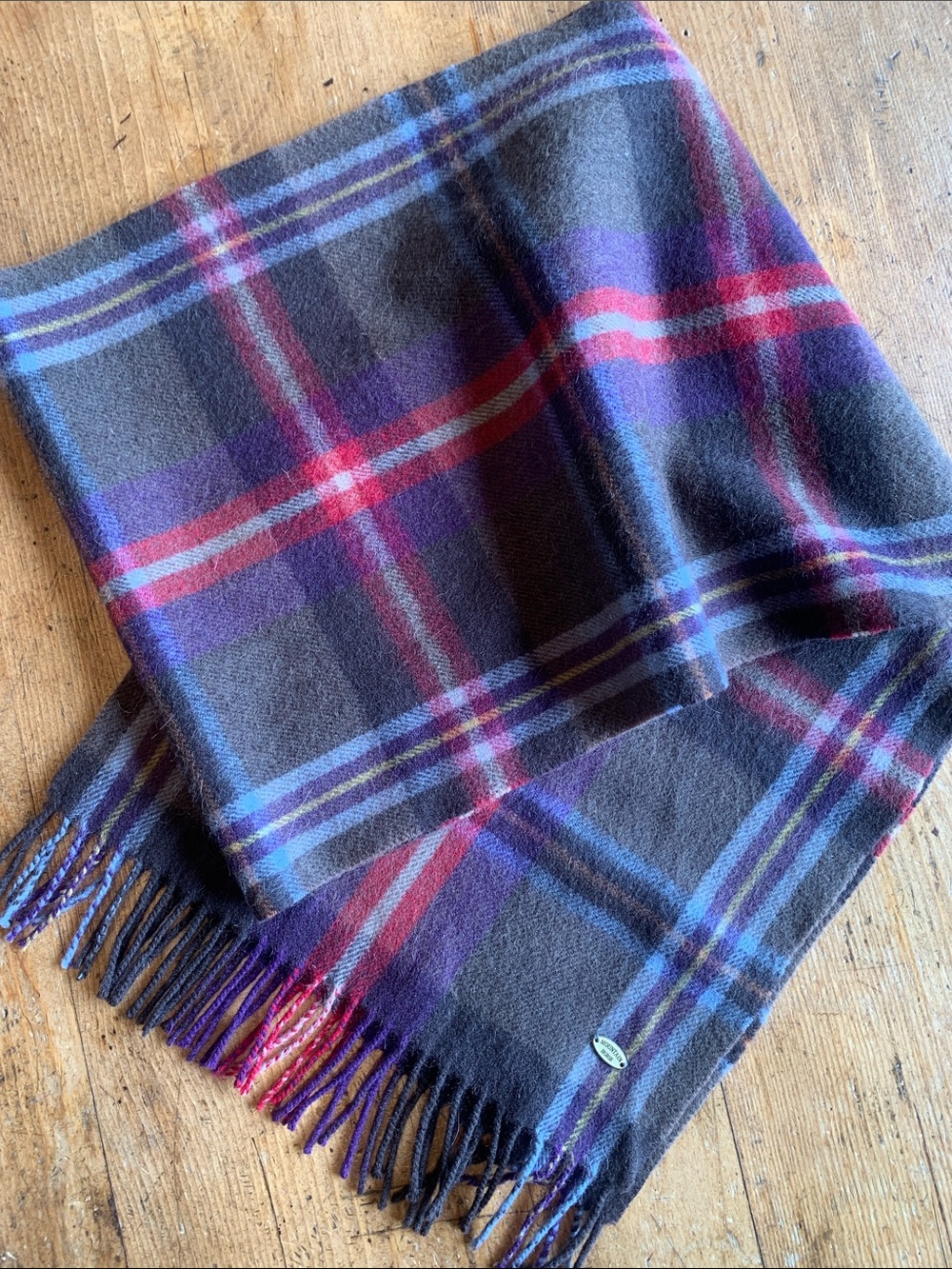 Mountain Horse Wool Blend Plaid Fringe Wool Blend Scarf in Gray, Purple & Red